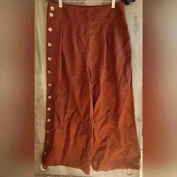 Anthropologie Button Wide-Leg Ankle Pants in Rust Boho Linen Blend 6 Women's - Picture 5 of 11